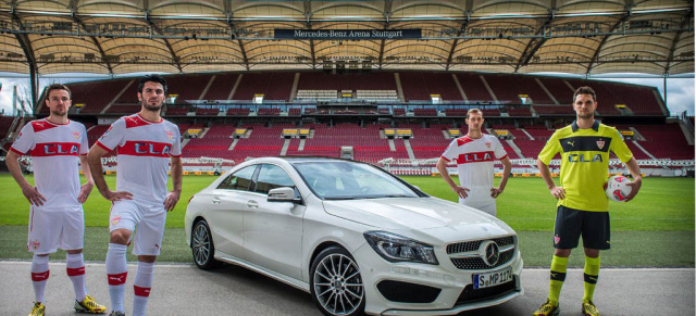 Bundesliga-Kicker liegt Mercedes CLA am Herzen: Christian Gentner, Serdar Tasci, Georg Niedermeierund Sven Ulreich präsentieren die neue Trikot Edition des VfB Stuttgart mit "CLA"-Aufdruck