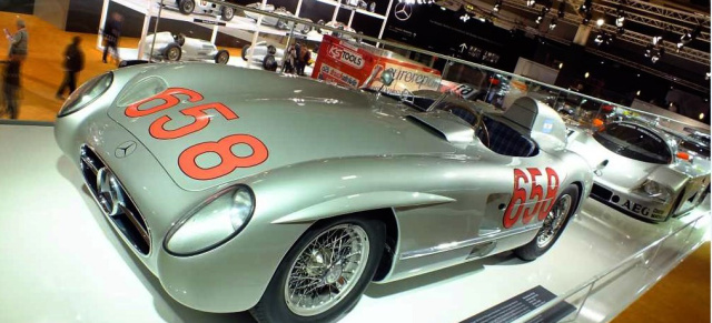 30 Mill. : Mercedes 300 SLR ist wertvollster Oldtimer auf der TECHNO CLASSICA: Der Rennwagen mit der Startnummer 658 wurde auf der 55er Mille Miglia von Fangio auf Platz 2 gefahren  